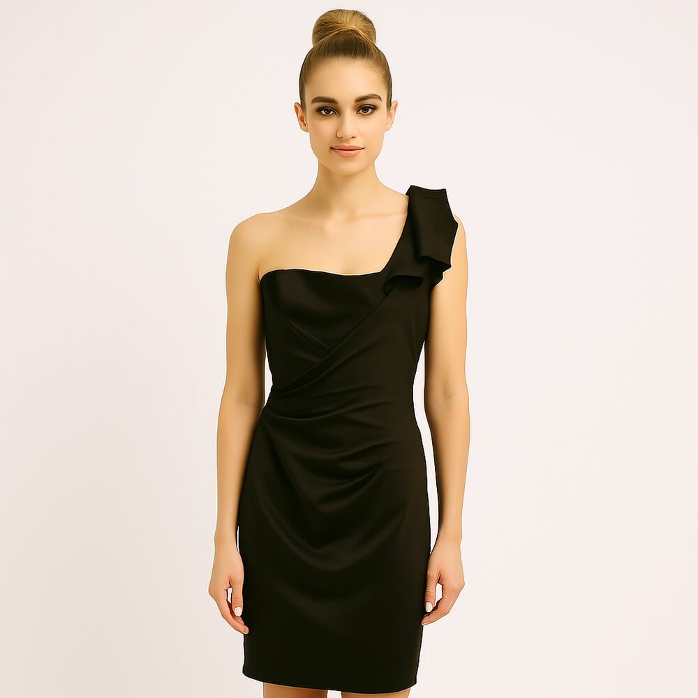 Le Chateau Black dress Sixe S sstin one shoulder draped party